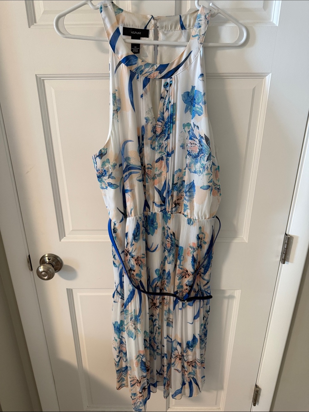 Alfani Pleated Belted Halter Neck Watercolor Floral Midi Dress White Blue Sz. 14
